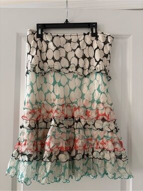 Vintage Anna Sui Tiered Ruffle Midi Skirt in Ivory, Aqua & Coral
